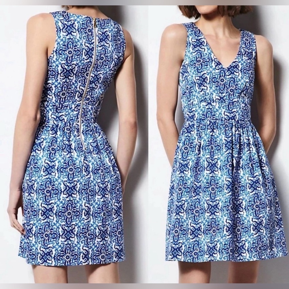 Milly Design Nation Coastal Mosaic Print Blue White Sleeveless Mini Dress Sz 2
